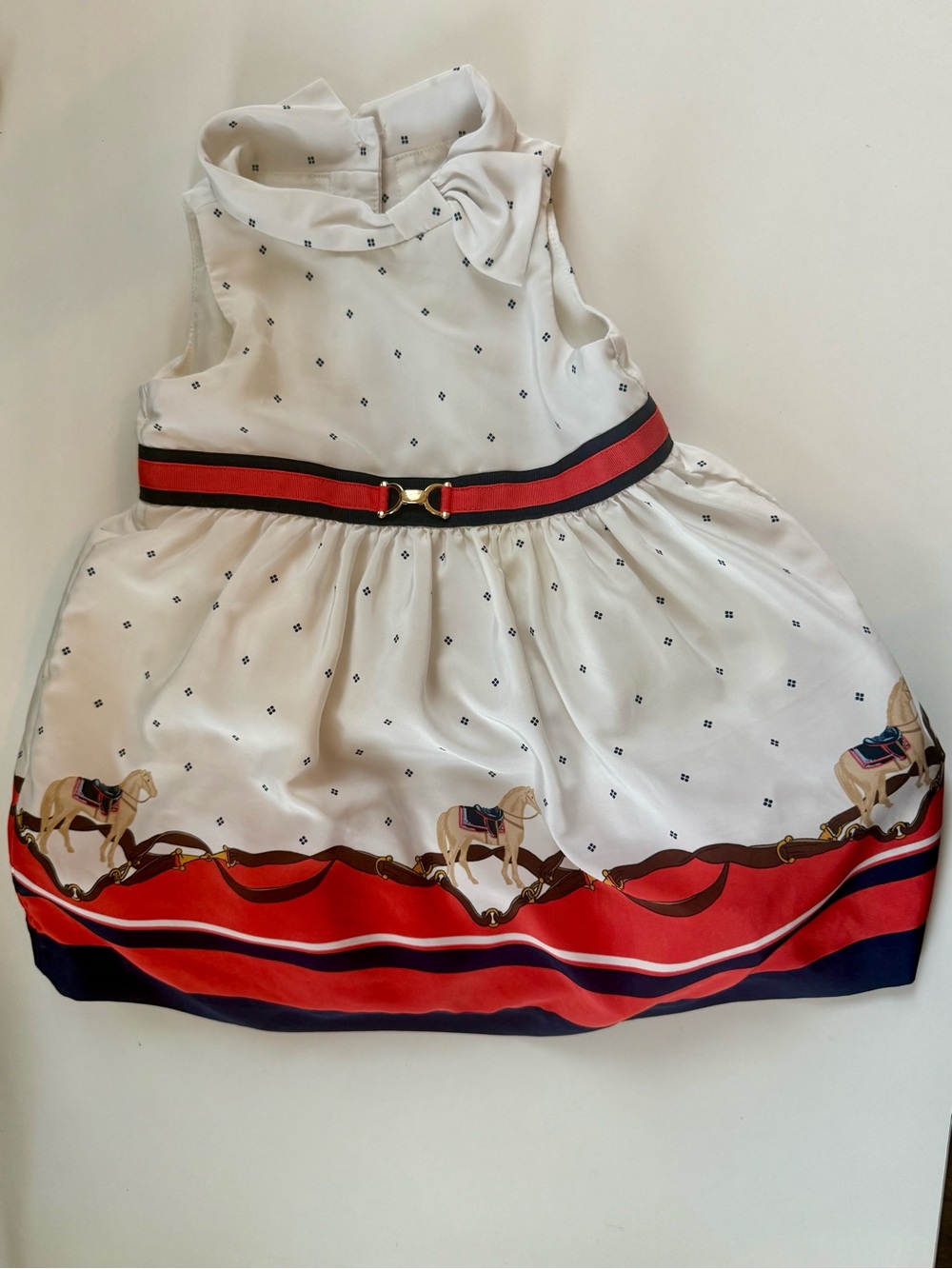Janie and Jack White Dress with Red and Navy Horse Border